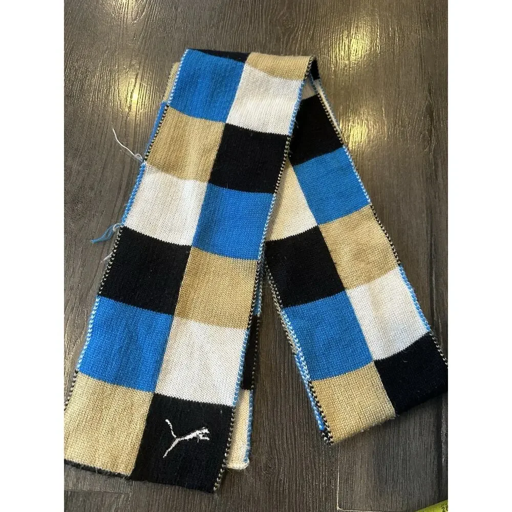 Puma scarf Blue Black Tan Block Pattern Winter Knit OSFM